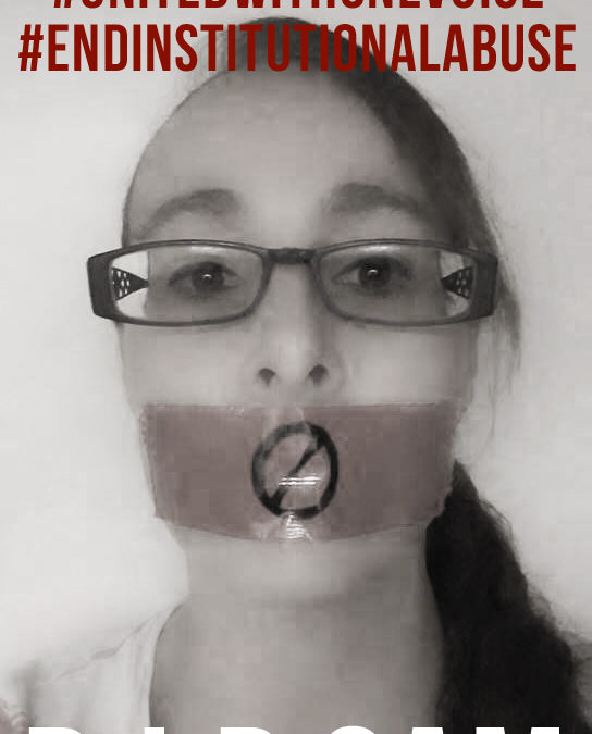 The author, pictured with duct tape over her mouth and the hashtag #BreakingCodeSilence